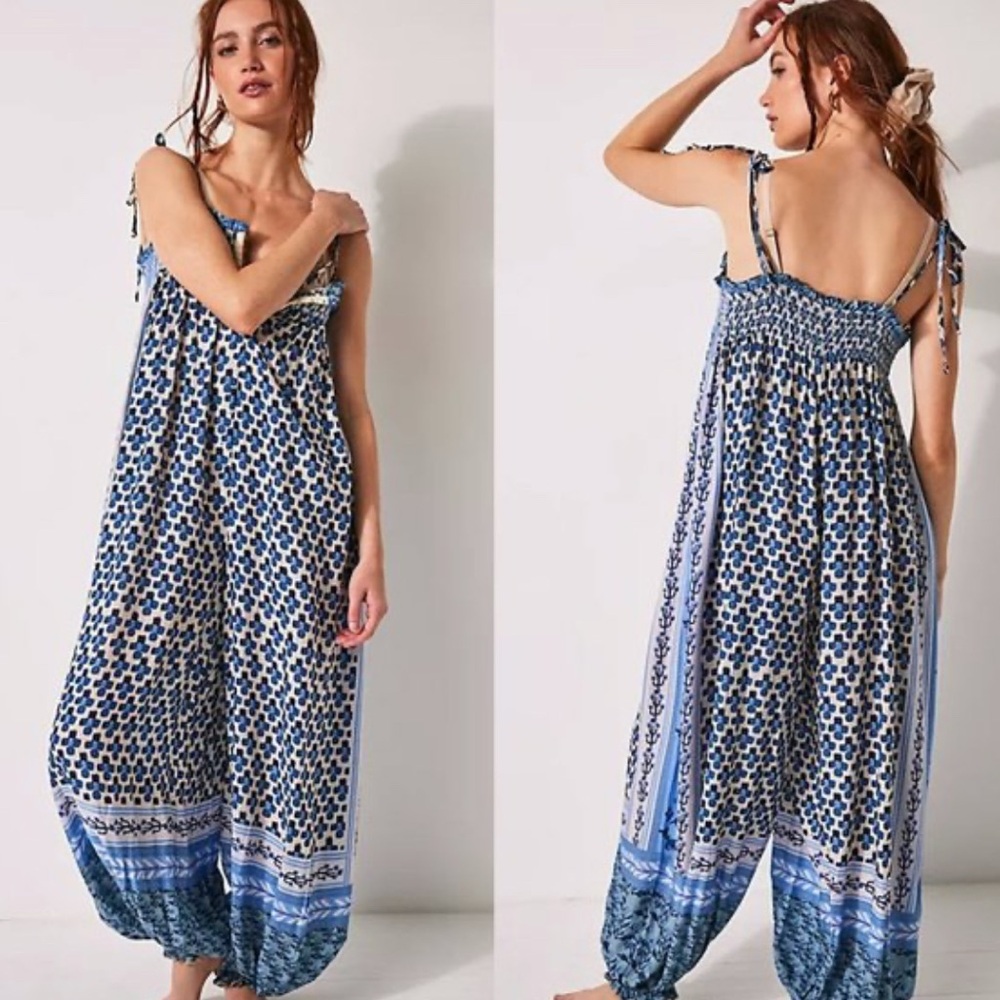 Intimately Free People Blue and White Patterned Jumpsuit